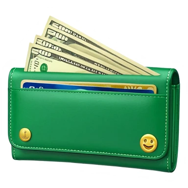 Rich emoji style green leather wallet with dollar bills, luxury money vibe, premium 3D emoji, ultra clean, high detail, no background sticker