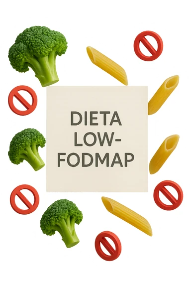 BROCCOLETTI E PENNE DI PASTA RIGATE FLUTTUANO IN ARIA insieme a piccoli divieti 3d, DAVANTI A LORO FLUTTUA UN FOGLIO CON LA SCRITTA "dieta low-fodmap" sticker