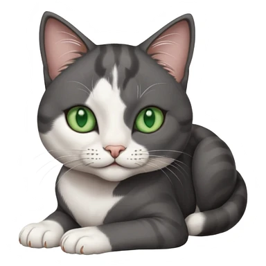 beautiful female solid dark grey cat with green eyes, white toes/paws and white patch on her chest rolling over sticker