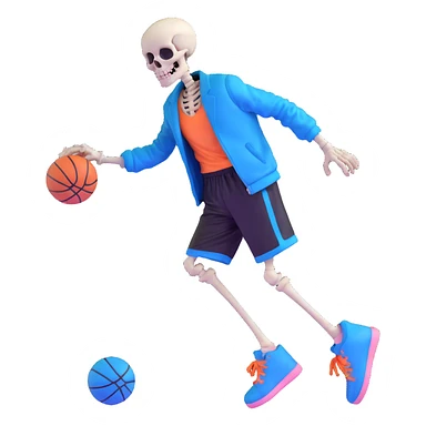 short skeleton with blue jacket, black basketball shorts, light pink slippers, blue glowing left eye sticker