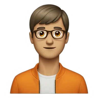 a man with a bowl cut brown glasses, a orange jacket sticker