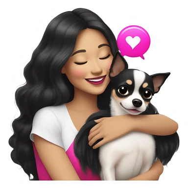 Thick medium black hair and hot pink lips and pink cheek smiling mature Filipino lady hugging black and white Chihuahua  sticker