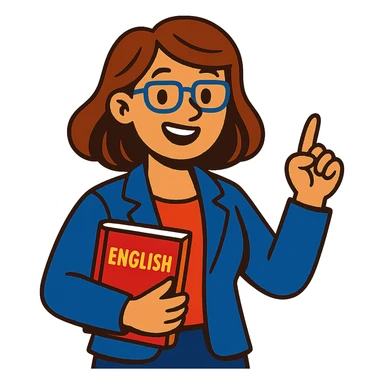 woman English teacher with brown hair, holding a book, vibrant toon style sticker
