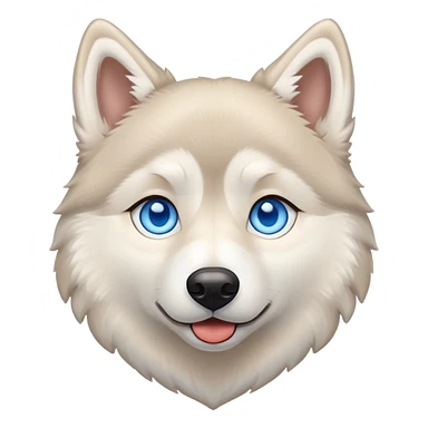Beige husky with blue eyes and a big heart sticker