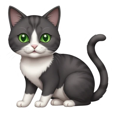 beautiful female solid dark grey cat with green eyes, white toes/paws and white patch on her chest playing sticker