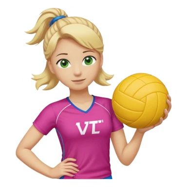 criar o emoji de uma jogadora de volei, com cabelo loiro amarrado camiseta rosa com ondas azuis secrito LIVET'S segurando uma bola de voley da marca mikasa, tenis amarelo e olhos verdes grandes sticker