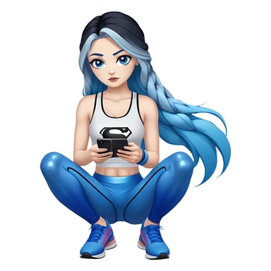 Shameful-Female-very very very large chest-texting on a samsung cell phone-very long straight braided black to sky blue hair ombre-blue eyes-black eyeliner-long eyelashes-iridescent low cut tank top with glitter superman logo-white leggings-nike high top sneakers sticker