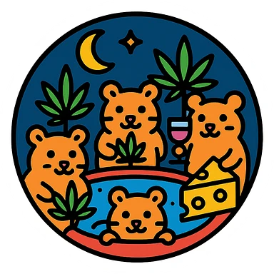 circular centered composition of a hamster cult weed and cheese pool party at night, outlined and graphic, color outline style sticker