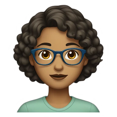 A girl with short, curly black hair, black eyes, brown skin, blue glasses, and an olive-coloured shirt over it.  sticker