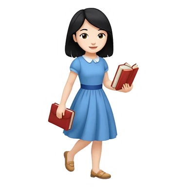 girl with black hair walking with book in、 sticker