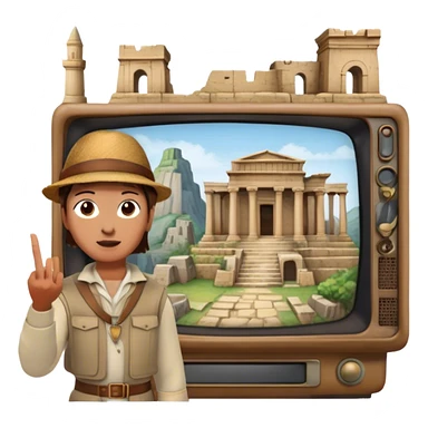 Icon for Documentary Film (TV style): A traveler pointing backward and narrating in front of ancient ruins, with a vintage TV screen framing the scene. Include elements like historical landmarks, maps, and exploration tools to evoke a sense of adventure. Transparent background. sticker
