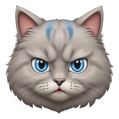 angry grey cat blue small slanted eyes. iphone real emoji style, made the cat look challenging sticker
