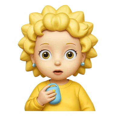 A 3D cartoon baby character yellow skin, styled like Maggie Simpson, with pacifier, yellow onesie, big eyes, smooth shading, Memoji-style rendering, consistent with other yellow Simpsons characters. sticker