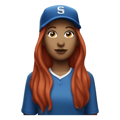front facing standing up female coach with long red hair, wearing a white t-shirt and a simple baseball blue hat sticker