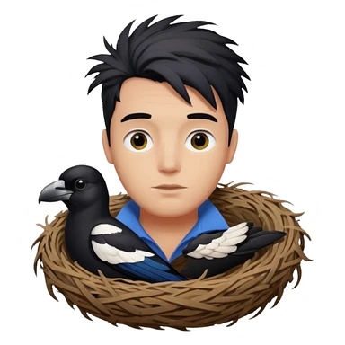 A man who has hair on the top of his head, that is actually an Australian Magpie, birds nest. sticker