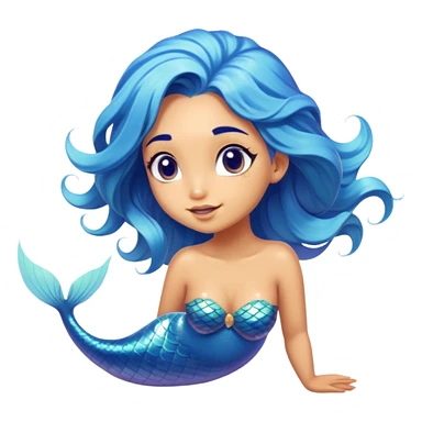 Cinematic Realistic Blue Hair Mermaid Portrait, head tilted playfully and inquisitively, showcasing a delicate, tropical form with finely detailed, flowing blue hair contrasting beautifully against her sun-kissed tanned skin. Her bright, curious eyes sparkle like sea gems under warm filtered light, rendered with lifelike clarity and soft underwater illumination—capturing the essence of a spirited mermaid poised to dance playfully amidst coral reefs. sticker