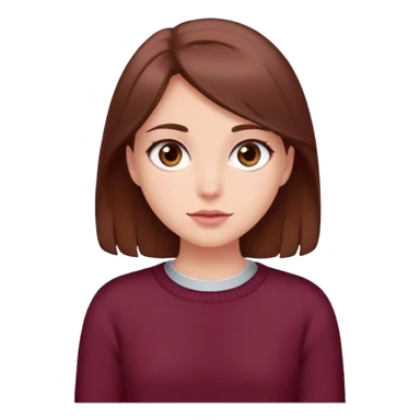 A girl with brown hair smiles, gray eyes, wearing a burgundy sweater sticker