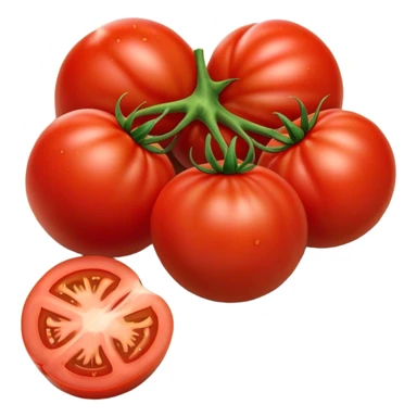 Cinematic juicy ripe tomatoe, deep red, slightly dewy, arranged on a wooden cutting board, soft glowing background, rich and flavorful. sticker