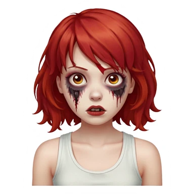 Uma menina de cabelo vermelho com franja, que seja uma zombie, e que esteja vestindo uma regata branca, cabelo médio e liso mais enrolado nas pontas  sticker