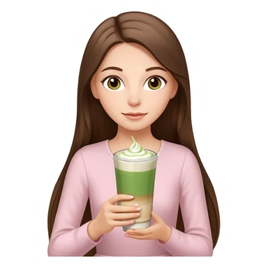 white long brunette hair girl with hazel eyes wearing light pink who is holding matcha sticker