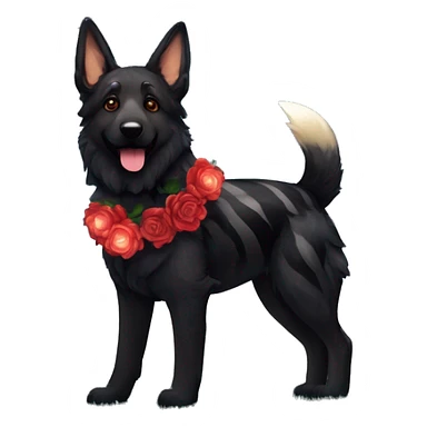Bokeh Midnight starry night stars dark Brindled striped brindle black German shepherd fox carrying glowing red lantern, fairy lights, rose flower crown, bokeh lights, out of focus blur sticker