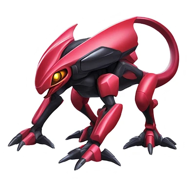 a shiny black-red Genesect-Raptor-Fakémon—hybrid with a futuristic visor-helmet full body sticker