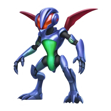 a shiny metallic Genesect-Flygon-Raptor-Fakémon-Medabot-hybrid with a futuristic visor-helmet full body sticker
