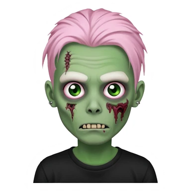 Zombie boy, green skin, white dreads medium long, pink eyes, black tshirt sticker