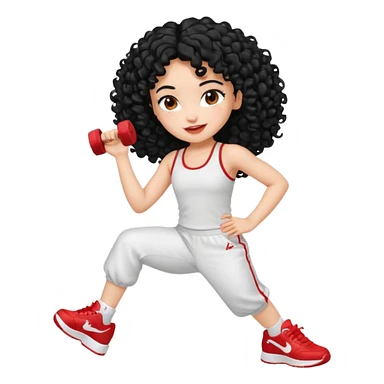 generate a pretty bratz fair skinned girl with curly black hair wearing a white gym set and excersing with red shoes on sticker