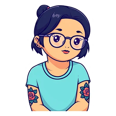 young girl with face tattoos wearing glasses and black hair sticker