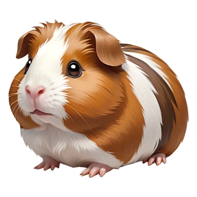Cinematic Cute Brown and White Banded Guinea Pig Portrait Emoji, Head tilted playfully and inquisitively, showcasing a fluffy coat with playful brown and white banded patterns, round, sparkling dark eyes filled with curiosity, Simplified yet irresistibly adorable features, highly detailed, glowing with a warm, friendly glow, high shine, affectionate and spirited, stylized with a touch of whimsy, bright and endearing, soft glowing outline, capturing the essence of a mischievous yet loving guinea pig, so playful it feels like it could dash out of the screen and into your arms! sticker