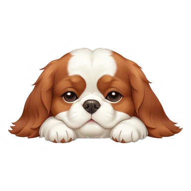 Cinematic Chubby Sleeping Cavalier King Charles Spaniel Portrait Emoji, Chubby and serene, with a round, endearing build and a plush, silky coat of rich chestnut and white, eyes gently closed in peaceful slumber, Simplified yet irresistibly endearing features, highly detailed, glowing with a gentle, dreamy glow, high shine, relaxed and content, stylized with a touch of whimsy, bright and heartwarming, soft glowing outline, capturing the essence of a blissfully sleepy companion, so comically serene it feels like it could roll out of the screen and snore with adorable charm! sticker