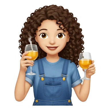 Curly haired curl with long dark brown hair and light skin in overalls toasting with alcohol  sticker