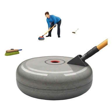 An icon showing a detailed close-up of a curling stone sliding across the ice, with a broom in motion beside it. The background features an indoor stadium with cheering spectators on the stands. Transparent background captures the strategy and focus of curling. sticker