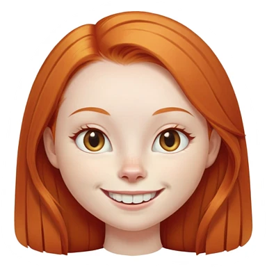 traditional emoji of young girl with very pale skin, long straight bright ginger red hair, cat-like almond-shaped eyes that are angled upward, wide flat nose, big smile with very large prominent teeth showing, classic round face sticker