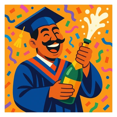 joyful Mexican graduate in cap and gown, surrounded by colorful confetti, popping a bottle of champagne, festive celebration, vibrant style sticker
