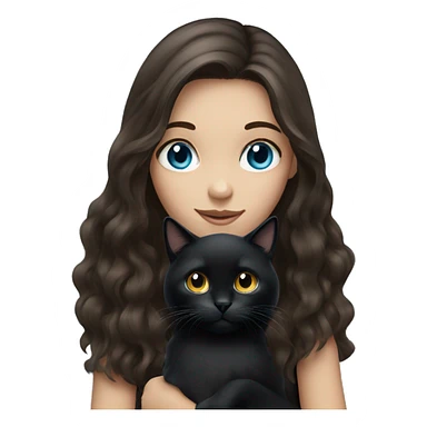 long haired brunette girl with blue eyes holding a black cat sticker