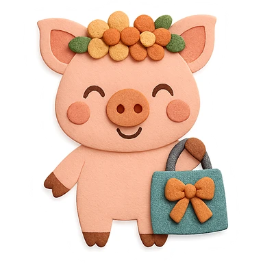 Enhance the visual design of the piglet with flower crown and gift bag to look even better and happier. Make the piglet's expression more joyful, add extra visual polish to the flower crown and gift bag, and increase the overall cuteness, while keeping the paper-craft style. sticker