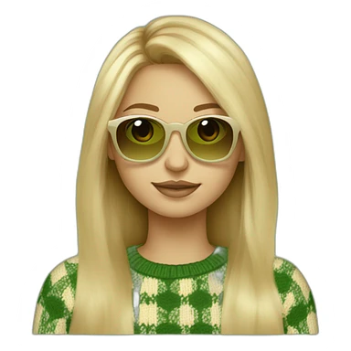 a blonde girl with highlights, long hair, middle part and a square head shape wearing yellow brownish sunglasses and a knitted checkered green an beige jumper sticker