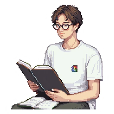 programmer with glasses, white t-shirt, sitting with a notebook sticker