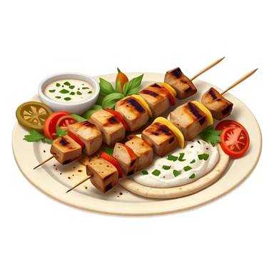 cinematic-realistic-souvlaki-dish-emoji,-showcasing-skewered,-grilled-chicken-with-mediterranean-spices-rendered-with-dynamic-textures-and-warm,-appetizing-lighting on pita bread on a plate sticker