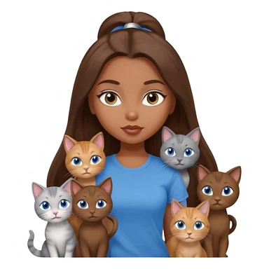a pretty bratz dusky girl with long brown hair, blue eyes with six cats nd wearing a grey tshirt sticker