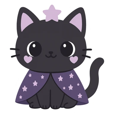 kawaii style magical gothic cat, cute face, black fur, purple heart markings, wearing a starry cape, cheerful and magical sticker