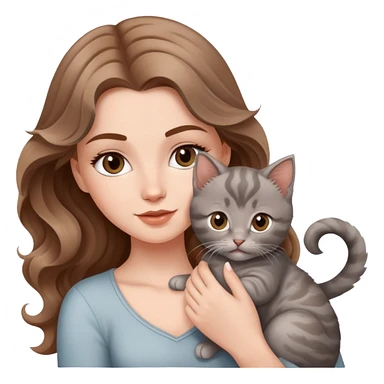 A beautiful  white girl with big brown waves was holding a gray kitten sticker