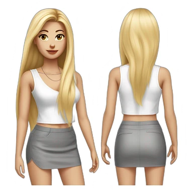hyperrealistic caucasian blonde, long straight hair, white deep v-neck crop tanktop, gray tight mini skirt sticker