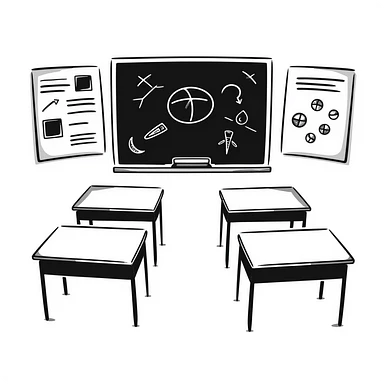 a classroom with desks, chalkboard, and educational posters sticker
