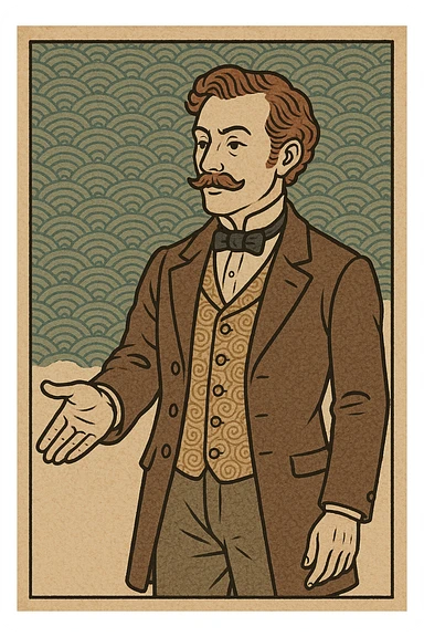 Victorian man in period clothing, holding out his hand, ukiyo-e style sticker