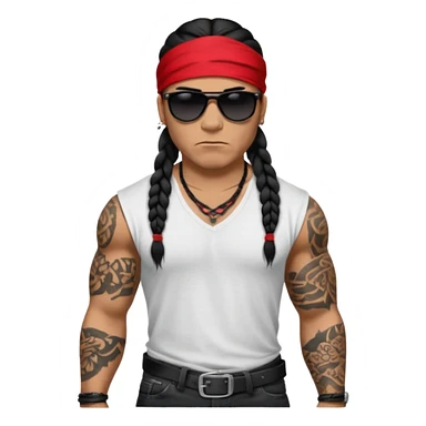 Samoan male.
XL loose fitting white t-shirt. 
Red bandana. 
Red
Black jeans. 
long black braided hair.
very muscular.
More tattoos. 
Tough and menacing. 
Gangster sunglasses. sticker