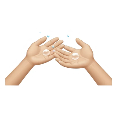 Minimal, flat-design icon of two human hands being washed under flowing water with soap bubbles, no text, high contrast, universally recognisable, plain white background sticker