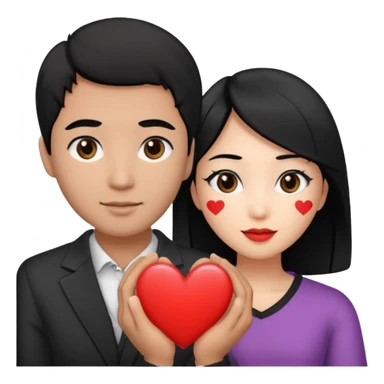 Asian Woman with black hair black eyes, brown man with black hair black eyes, and love heart sticker